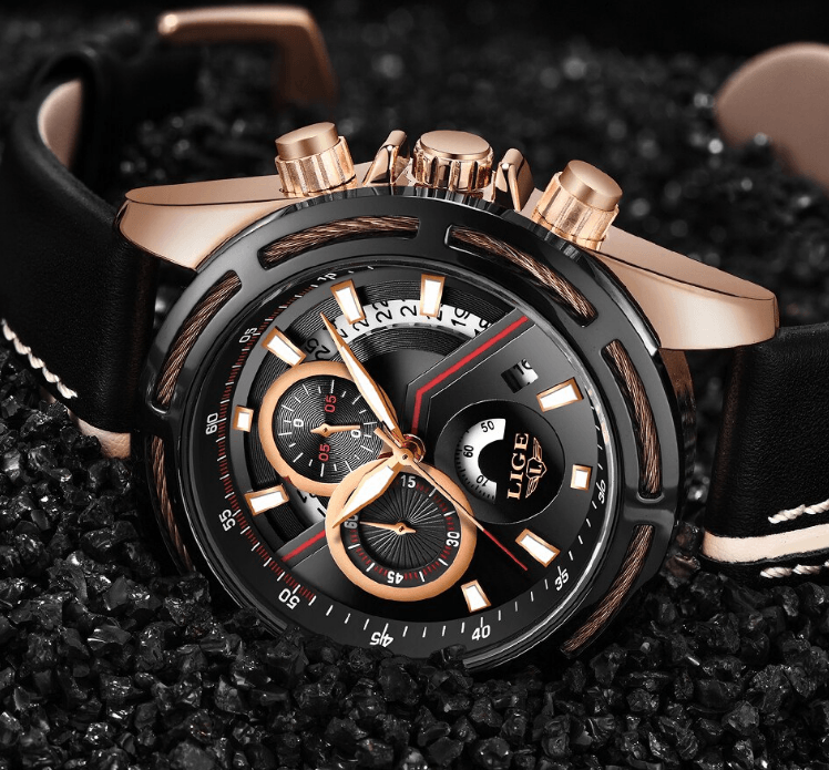 Men's waterproof sports watch with leather strap rose-gold case black dial chronograph Stevvex on Tampa Home & Garden Store