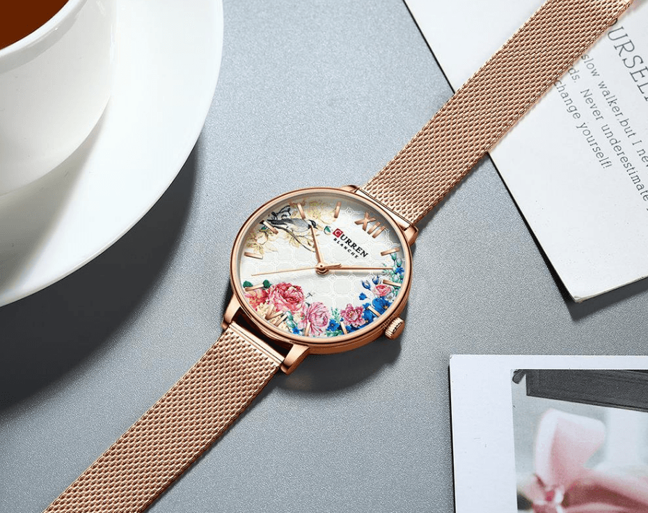 Womens watch with decoupage floral dial, large Roman numerals, rose gold mesh band Stevvex on Tampa Home & Garden Store