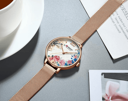 Womens watch with decoupage floral dial, large Roman numerals, rose gold mesh band Stevvex on Tampa Home & Garden Store
