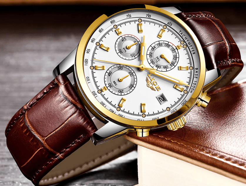 Stevvex ST1LG5450MTK men's waterproof chronograph watch with gold bezel and brown strap on Tampa Home & Garden Store