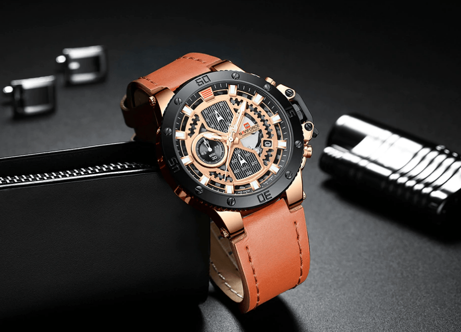 Stevvex ST1N600MK men's watch with rose gold-tone case, skeleton dial, tan leather strap on Tampa Home & Garden Store