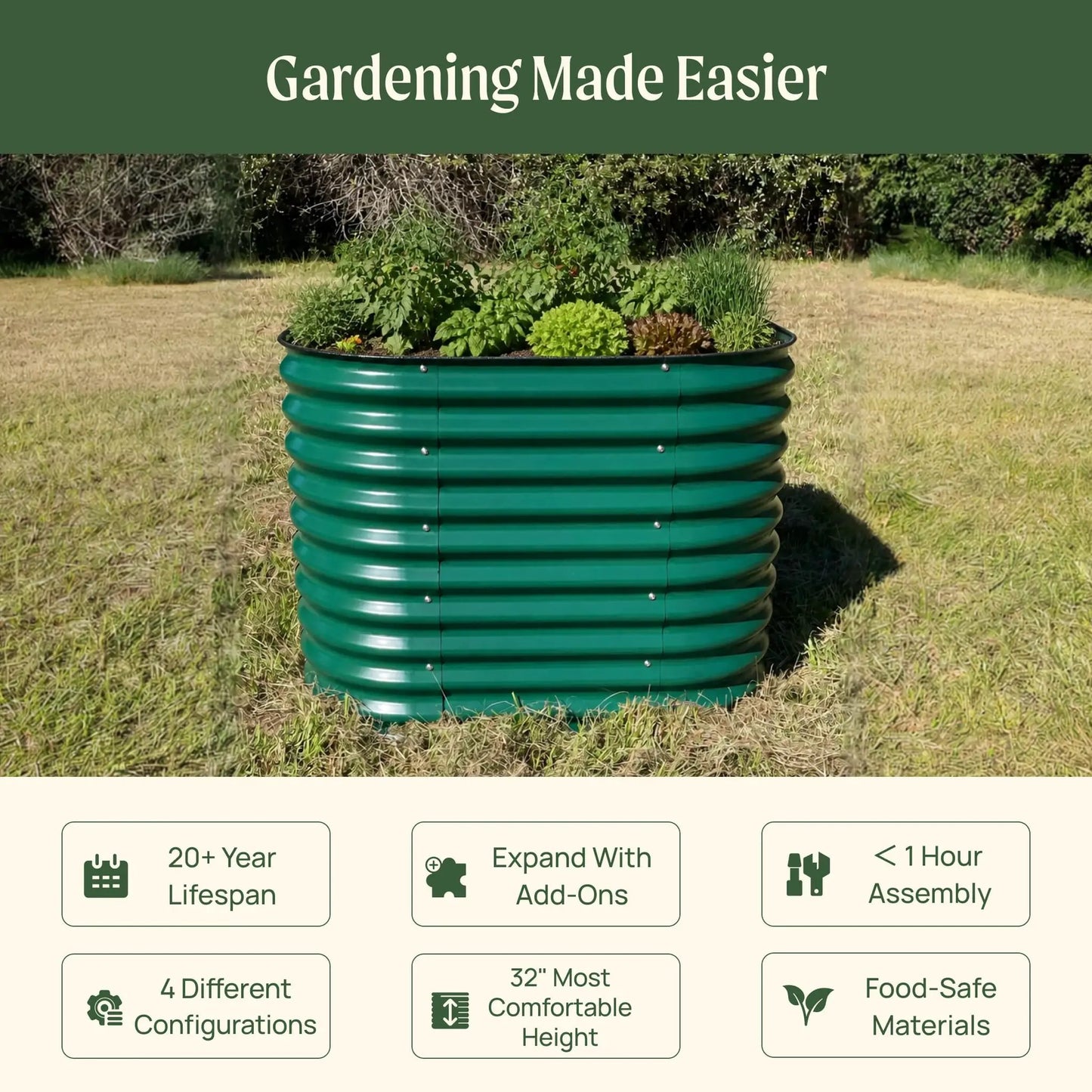 32 inch tall raised garden bed in green, 4-in-1 modular circular design by Vego Garden plants on Tampa Home & Garden Store