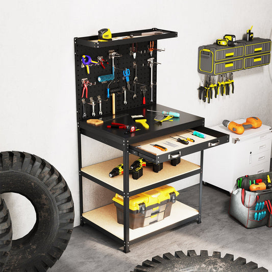 32 x 16 Inch Workbench Work Table with 2 PCs Pegboard Drawer and Shelves-Black