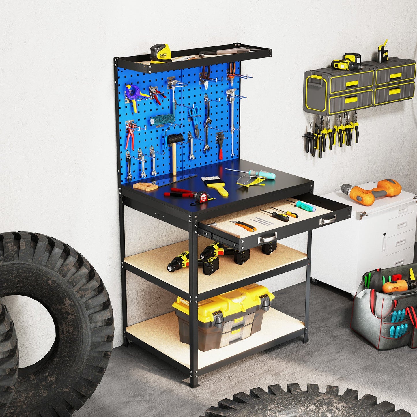 32 x 16 Inch Workbench Work Table with 2 PCs Pegboard Drawer and Shelves-Navy