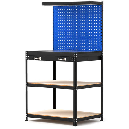 32 x 16 Inch Workbench Work Table with 2 PCs Pegboard Drawer and Shelves-Navy