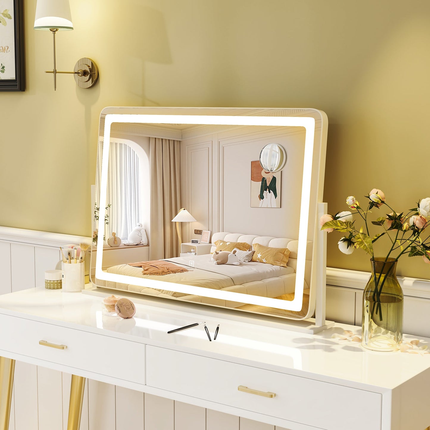 32 x 22 Inch makeup vanity mirror with 3-color LED lighting, DirectDeals, white frame on dresser on Tampa Home & Garden Store