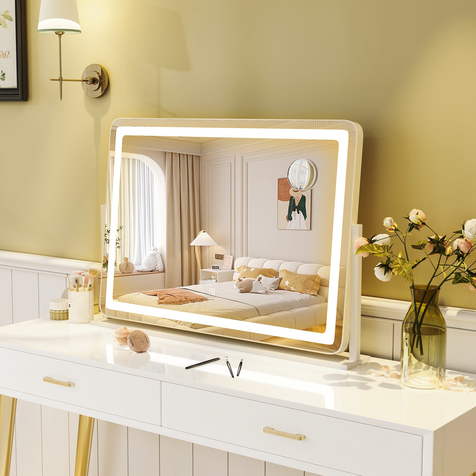 32 x 22 Inch makeup vanity mirror with 3-color LED lighting, DirectDeals, white frame on dresser on Tampa Home & Garden Store