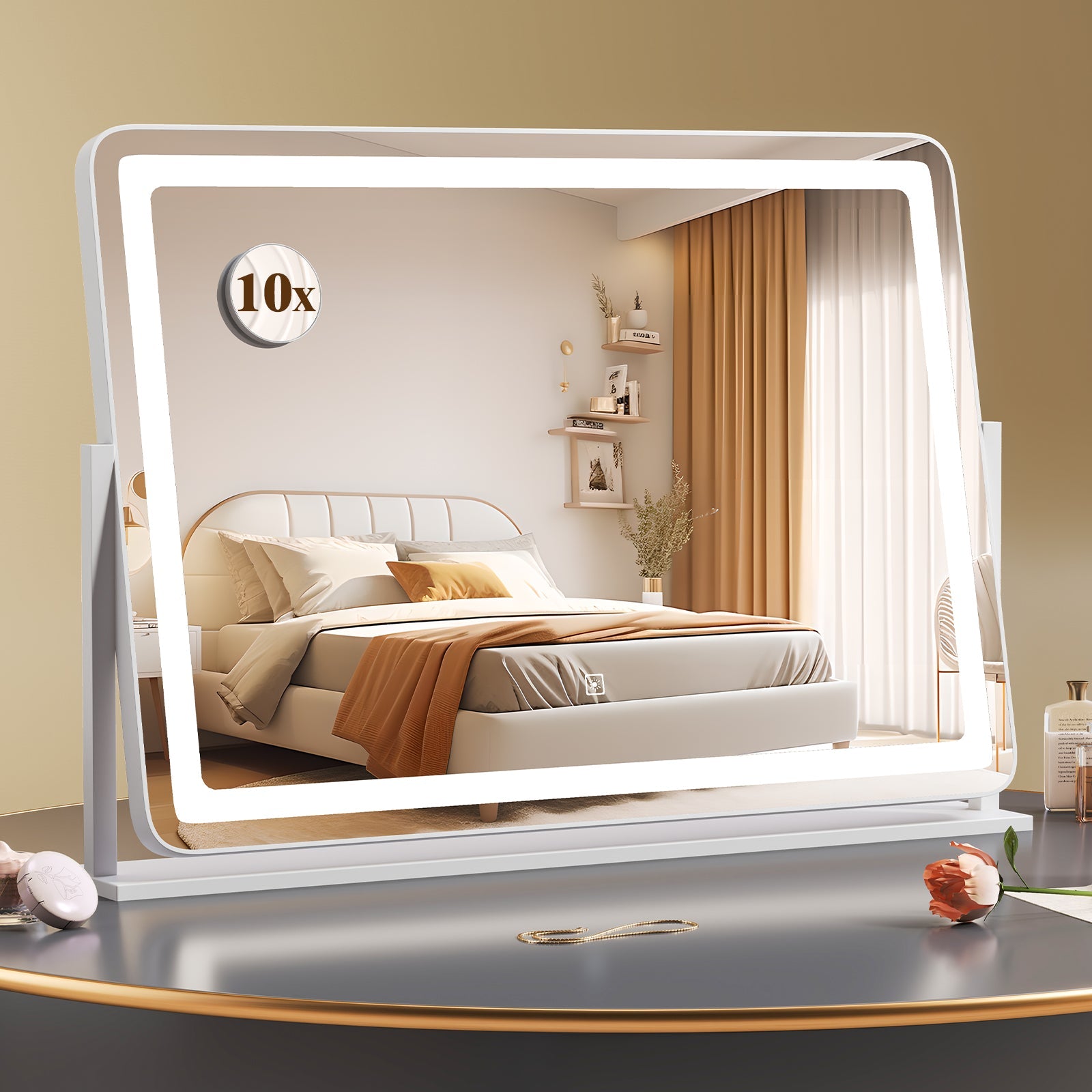 32 x 22 Inch Large Makeup Vanity Mirror with 3-Color Lighting Mode-White LED vanity in bedroom on Tampa Home & Garden Store