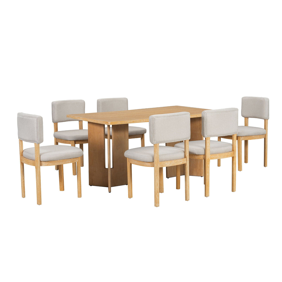 Dining table set with six upholstered beige chairs around a warm oak dining table by HouseOfZazla on Tampa Home & Garden Store