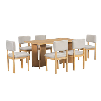 Dining table set with six upholstered beige chairs around a warm oak dining table by HouseOfZazla on Tampa Home & Garden Store