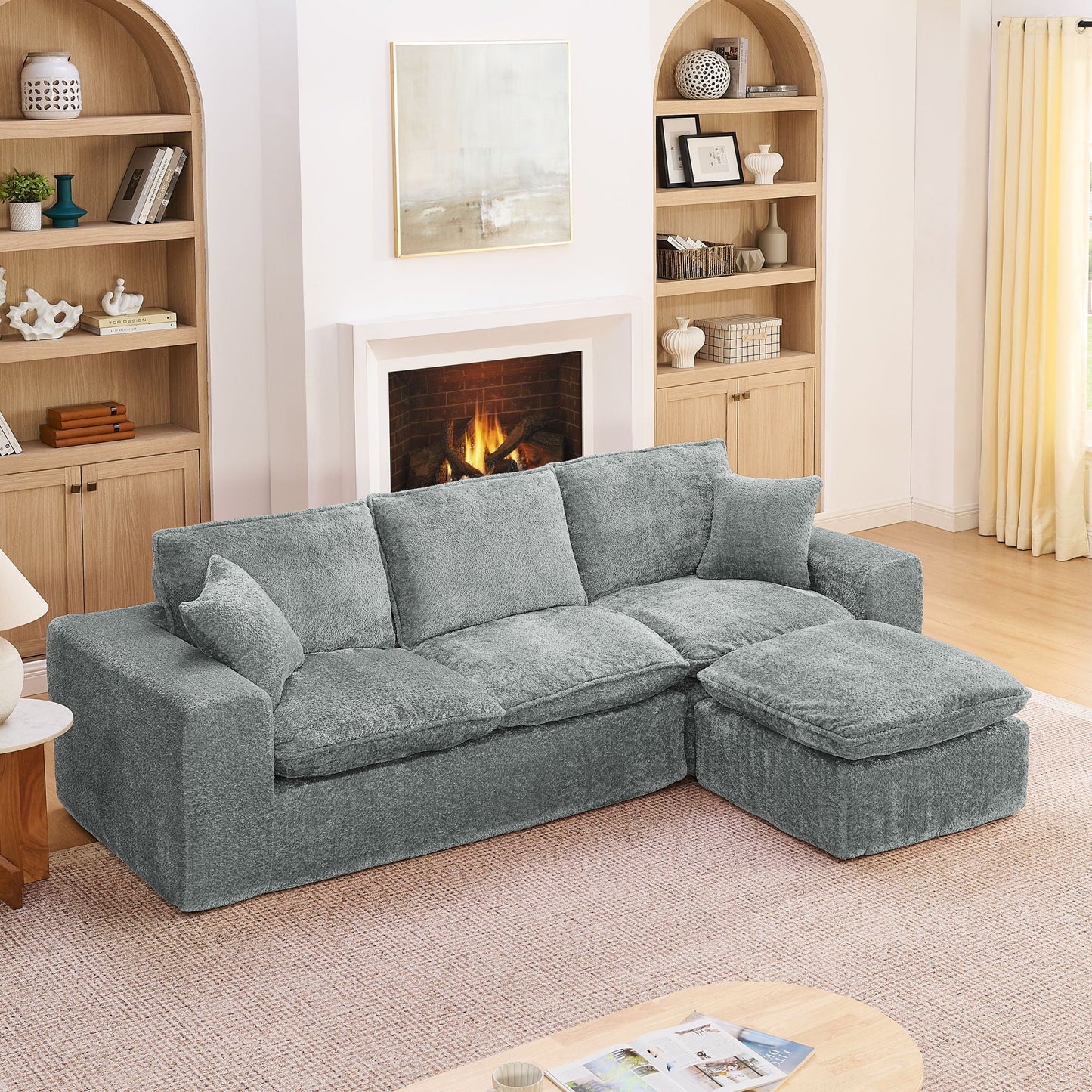 Sectional sofa with moveable ottoman in blue-gray fabric, 3-piece living room set on Tampa Home & Garden Store