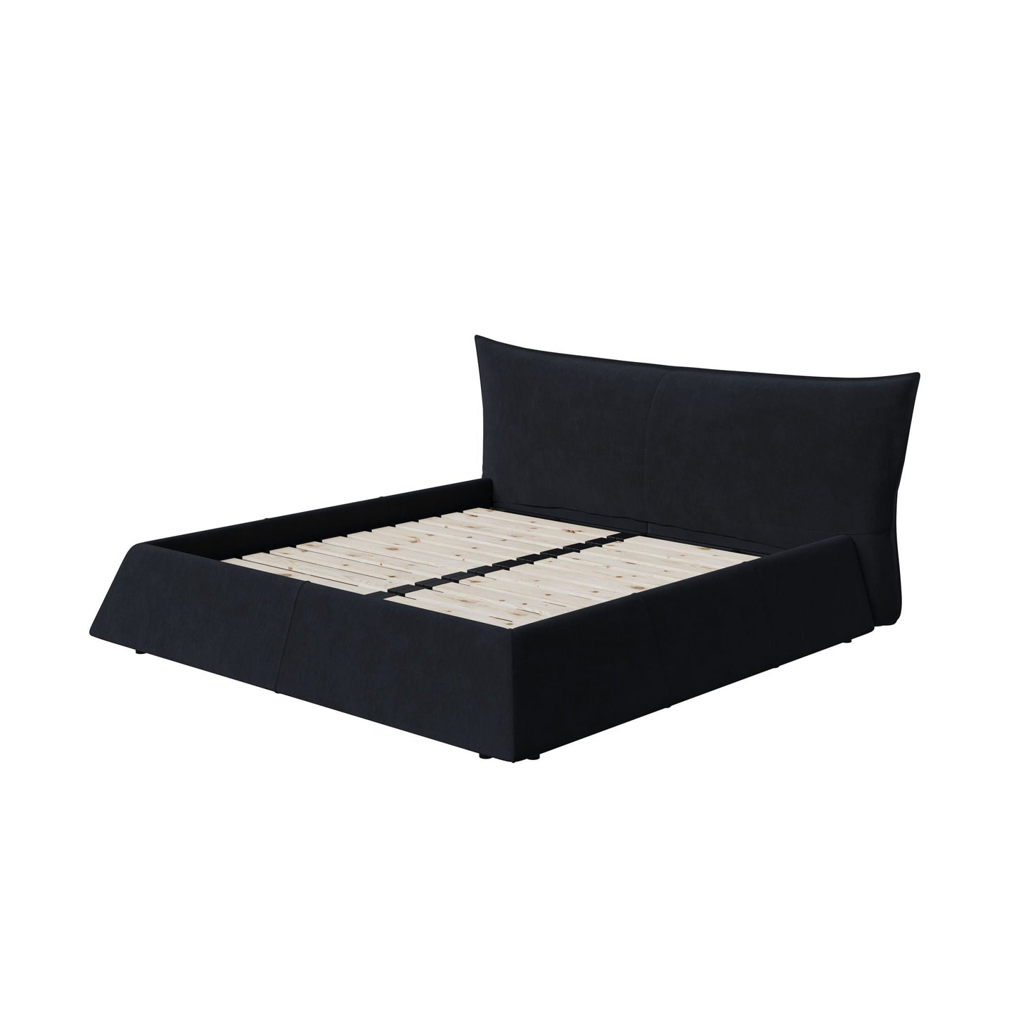 Upholstered Platform Bed by HouseOfZazla in black fabric with curved headboard and slatted base on Tampa Home & Garden Store