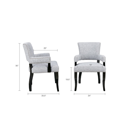 Pair of Arm Dining Chairs in gray fabric with brass nail head detailing by HouseOfZazla on Tampa Home & Garden Store