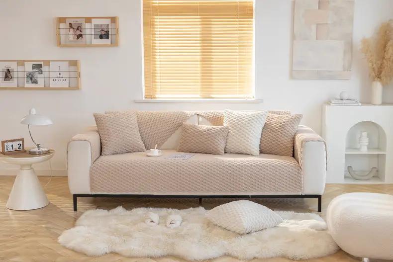 Plush non-slip dustproof warm thickening sofa cushion beige fabric on sofa with pillows on Tampa Home & Garden Store