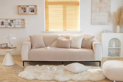 Plush non-slip dustproof warm thickening sofa cushion beige fabric on sofa with pillows on Tampa Home & Garden Store