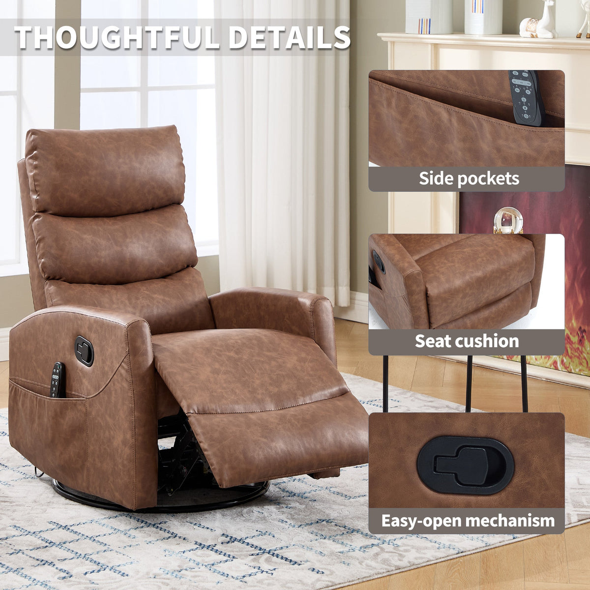 Heat Massage Manual Recliner Chair with Rocker and Swivel brown leather, side pocket with remote on Tampa Home & Garden Store
