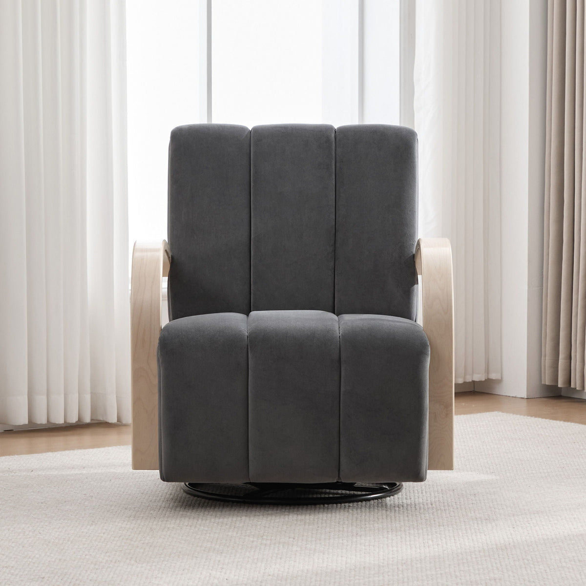 360° Swivel Accent Chair with Armrests in dark gray fabric and light wood arms on Tampa Home & Garden Store