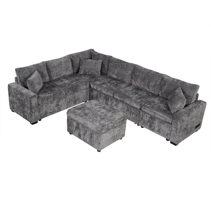 Sleeper sectional by HouseOfZazla with storage ottoman in gray textured fabric, 3 pillows on Tampa Home & Garden Store
