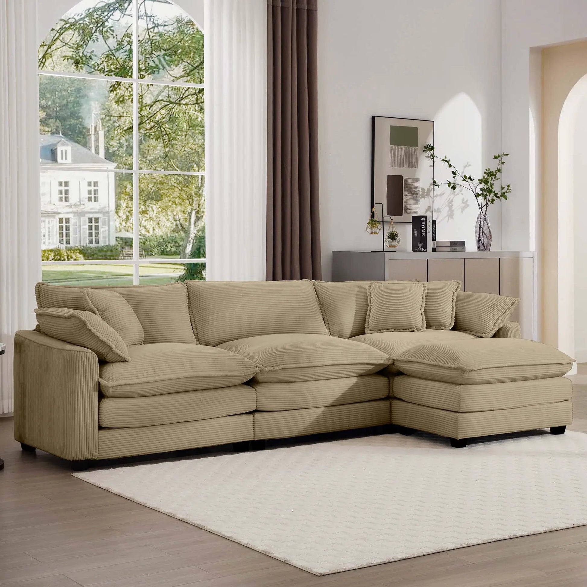 Beige modern oversized modular sofa with ottoman, low back and deep cushions, 3-piece set on Tampa Home & Garden Store