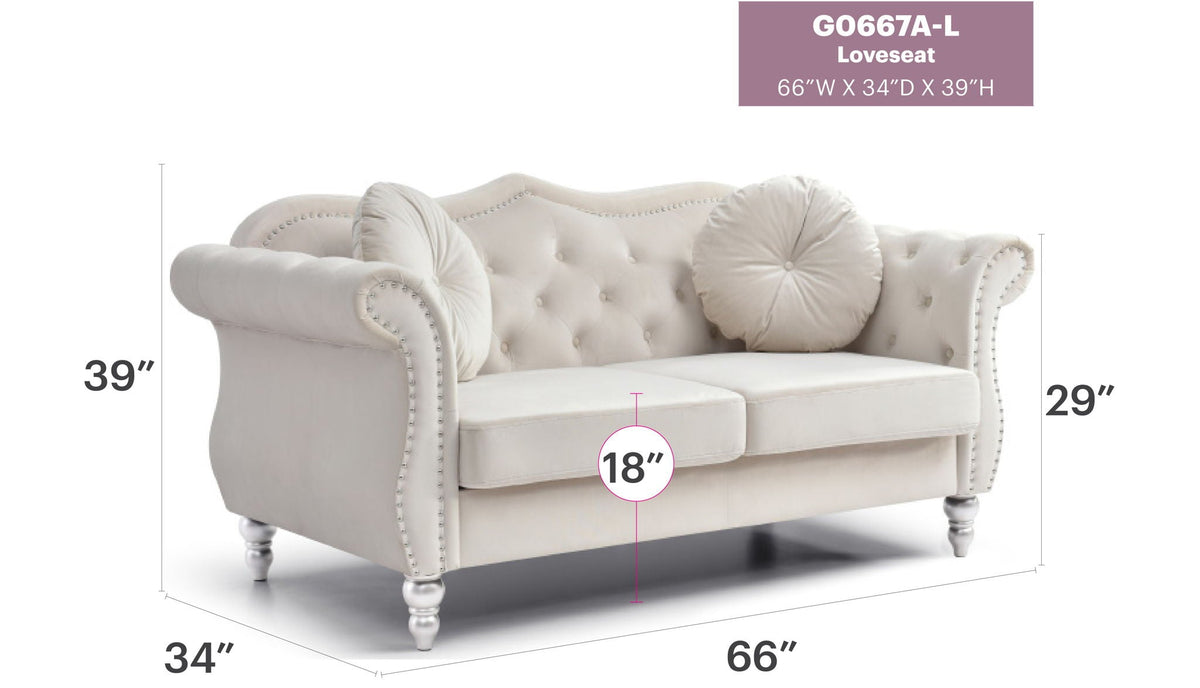 Stylish Flared Arm Loveseat with Nailhead Trim in cream tufted fabric with bolster pillows on Tampa Home & Garden Store