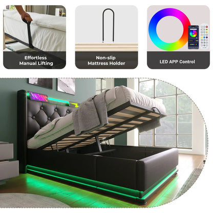 Upholstered storage bed with hydraulic lift, 360 LED lighting, USB-C charging without mattress on Tampa Home & Garden Store