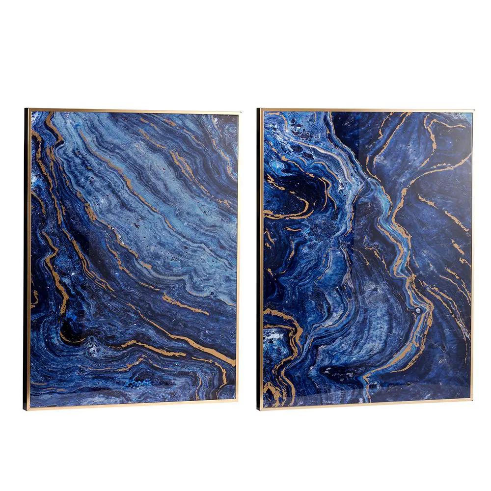 Framed Art Panels Unique Marbled Design Blue Set