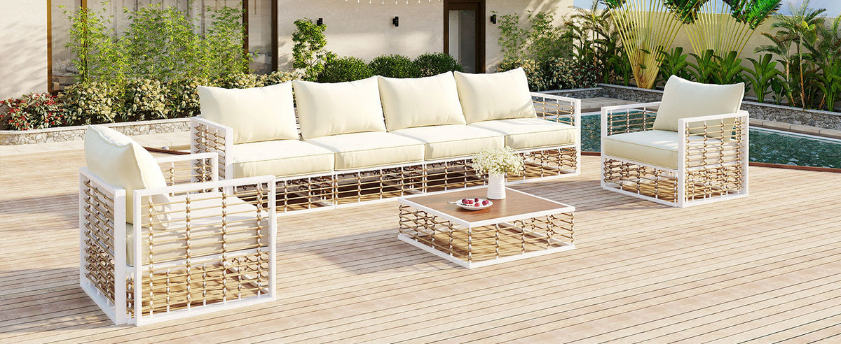 TOPMAX 7-Piece Metal Patio Sectional Sofa Set white frame beige cushions includes sofa and seats on Tampa Home & Garden Store