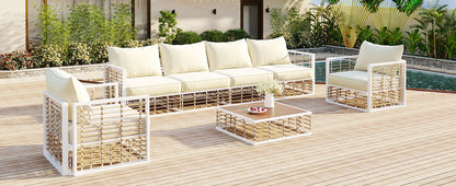 TOPMAX 7-Piece Metal Patio Sectional Sofa Set white frame beige cushions includes sofa and seats on Tampa Home & Garden Store