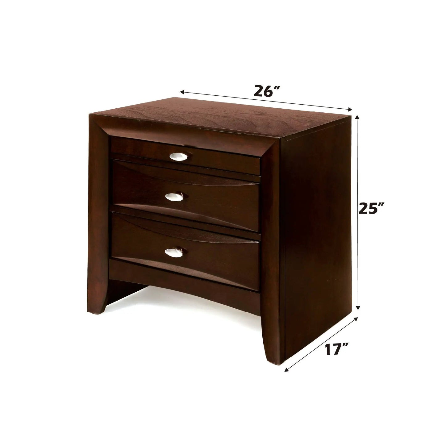 Ireland Elegant Design Nightstand in dark espresso wood with curved fronts and silver knobs on Tampa Home & Garden Store