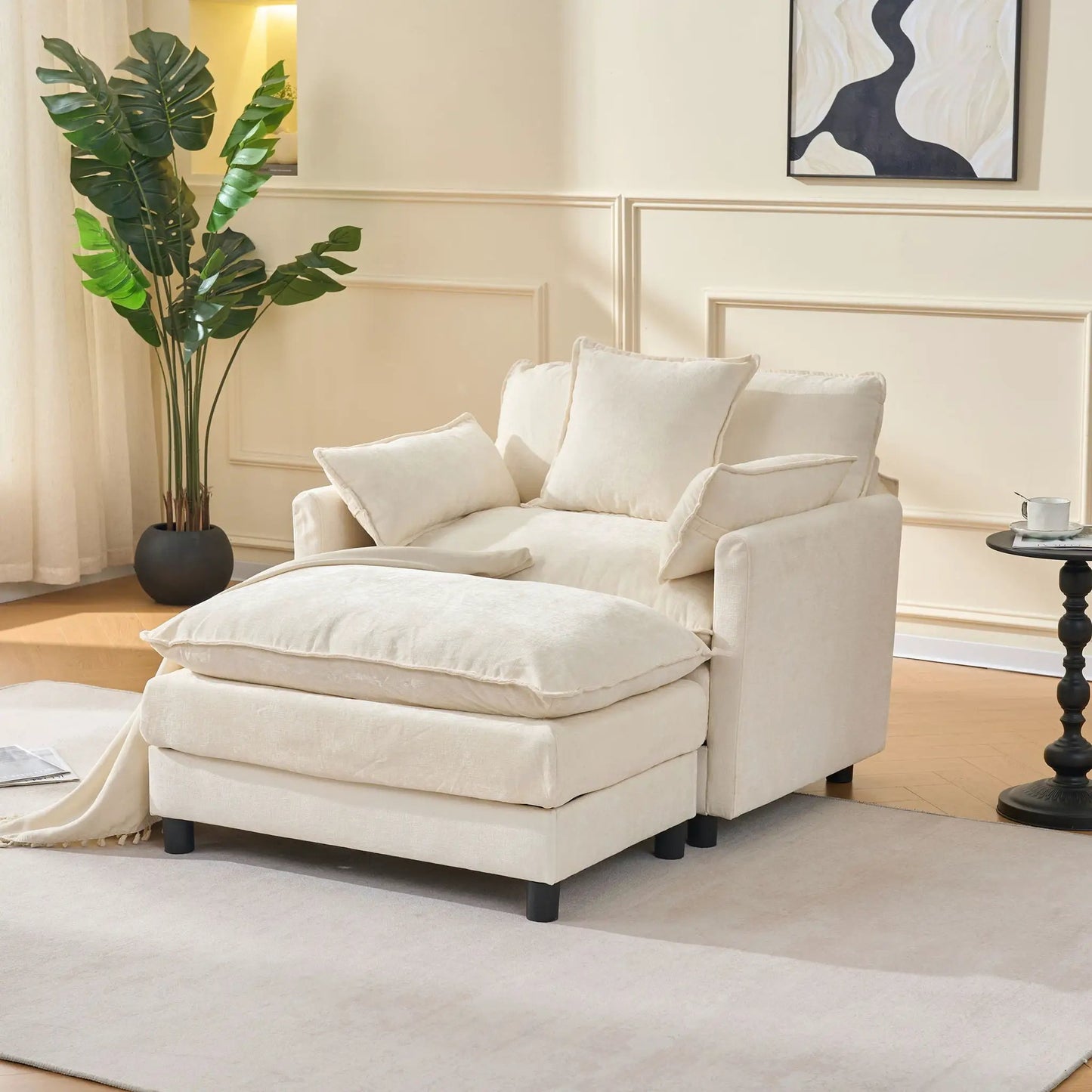 Accent Chair and Ottoman in Beige Chenille