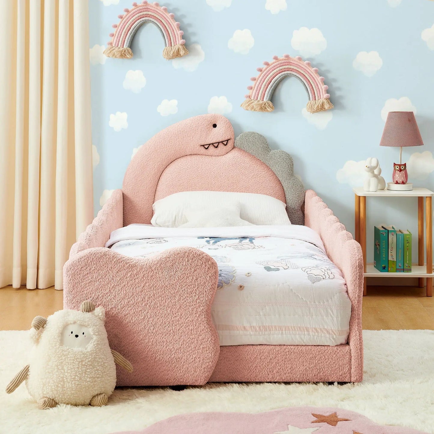Cute Dinosaur Bed with Guardrail Toddler Frame