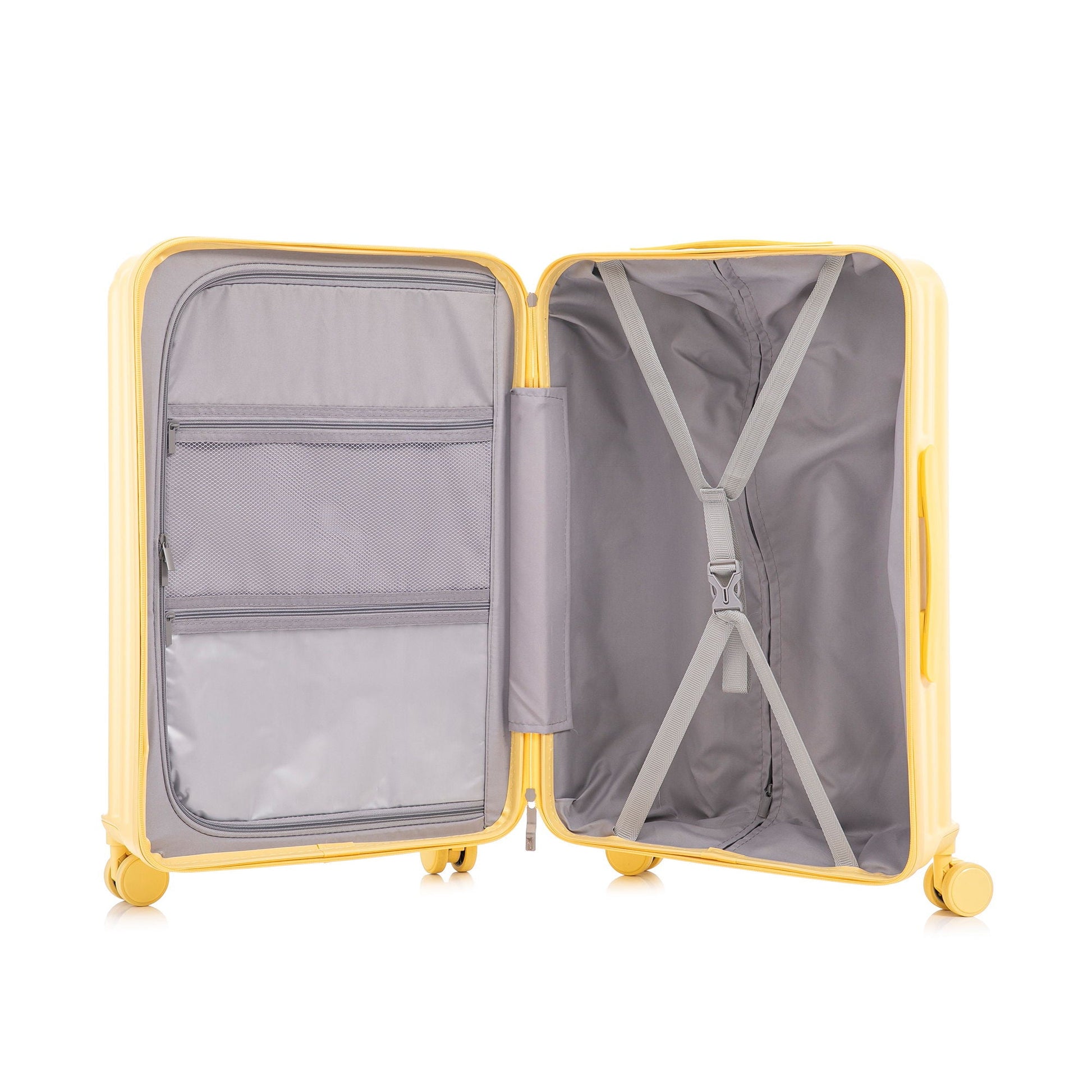 HouseOfZazla 3-piece spinner luggage set yellow cases opened to gray interior with mesh pockets on Tampa Home & Garden Store