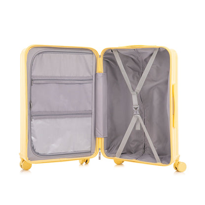 HouseOfZazla 3-piece spinner luggage set yellow cases opened to gray interior with mesh pockets on Tampa Home & Garden Store