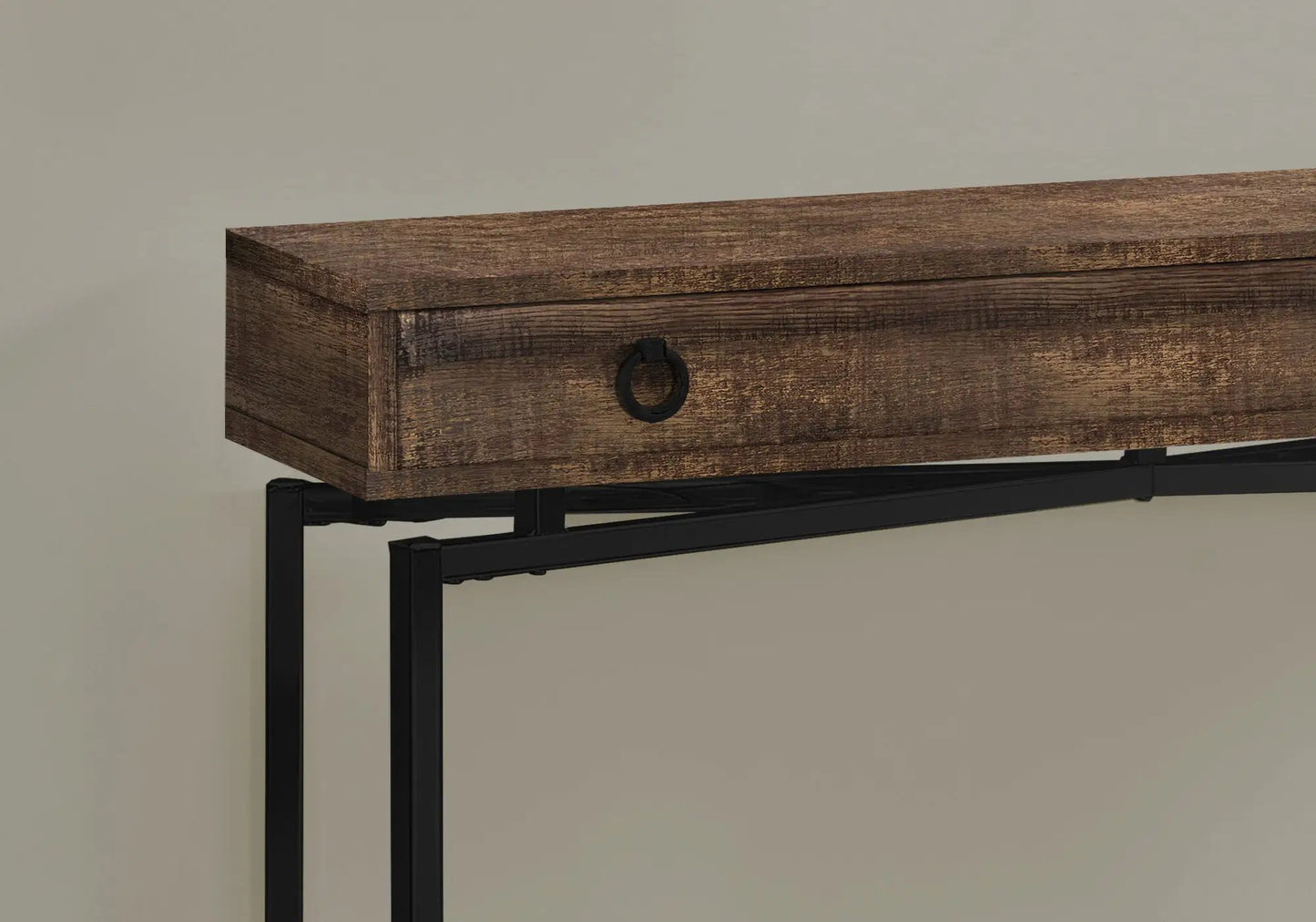Rustic brown wood accent console table with single drawer and black metal frame on Tampa Home & Garden Store
