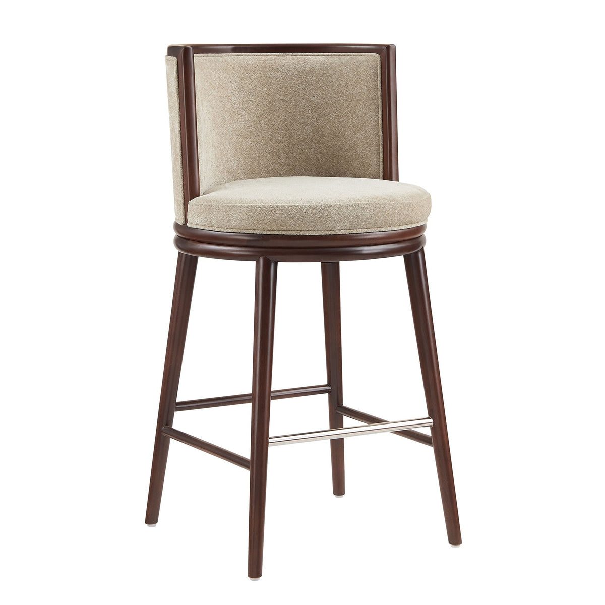 Evalyn Barstool beige upholstered bar-height stool with dark wood frame and chrome footrest on Tampa Home & Garden Store