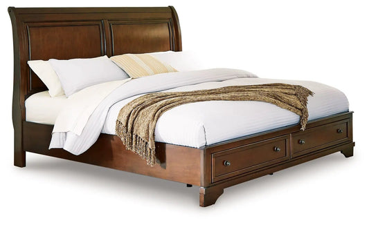 Trellington Queen Sleigh Storage Bed in brown wood with 2 under-bed storage drawers Unique Piece Furniture on Tampa Home & Garden Store