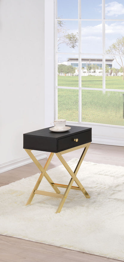 Coleen Elegant Design Accent Table black wood top with gold X-frame legs 1-drawer on Tampa Home & Garden Store