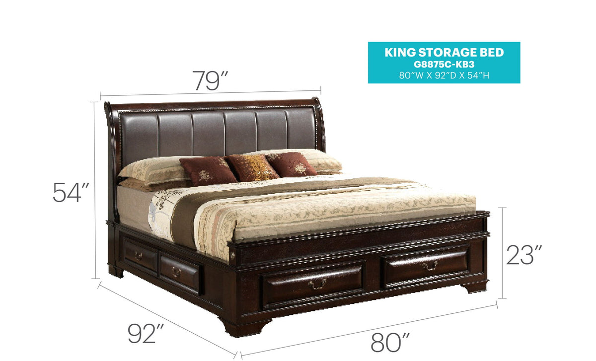 Lavita storage bed by HouseOfZazla in dark wood with upholstered gray headboard and built-in drawers on Tampa Home & Garden Store