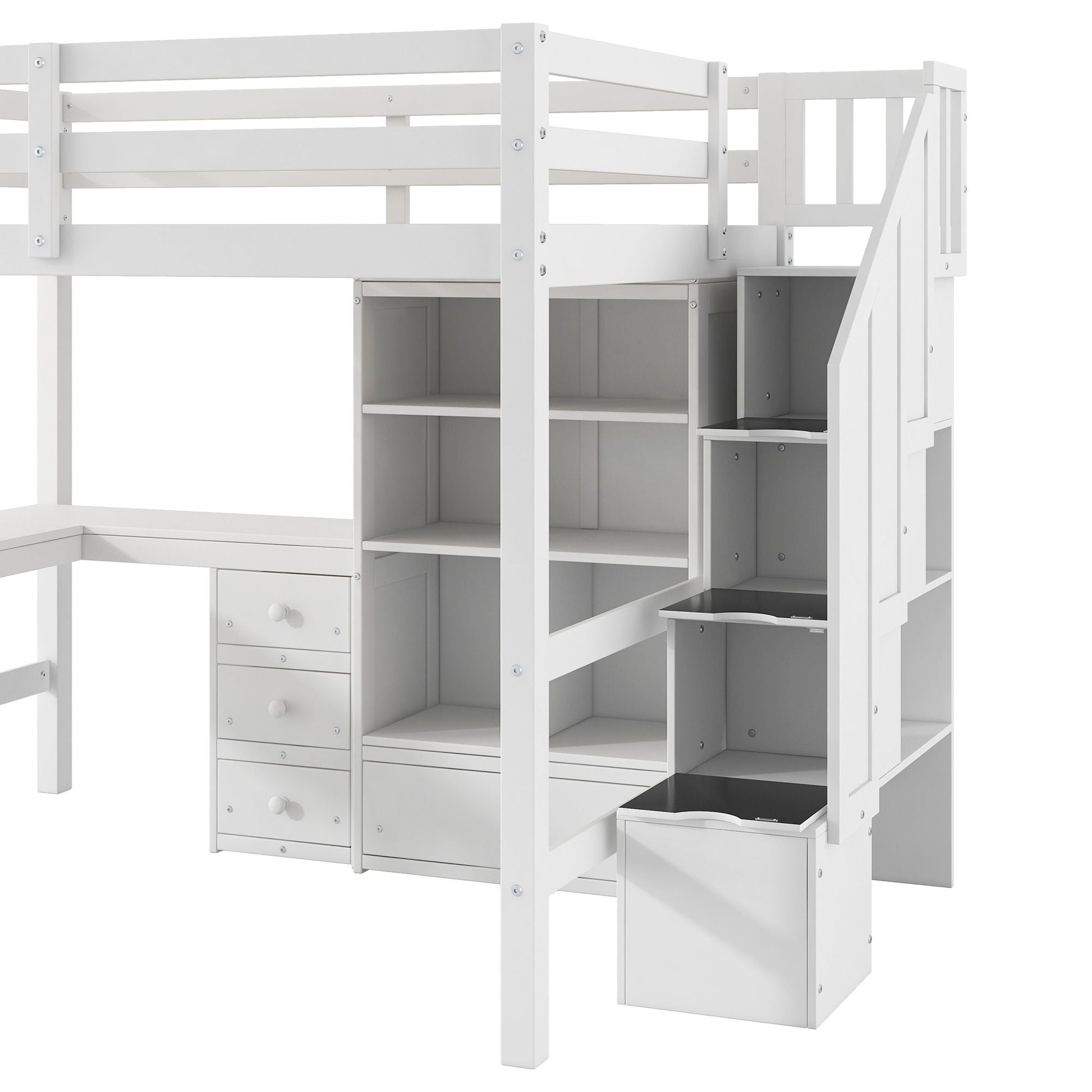 White loft bed with L-shaped desk, drawers and storage stairs by HouseOfZazla on Tampa Home & Garden Store