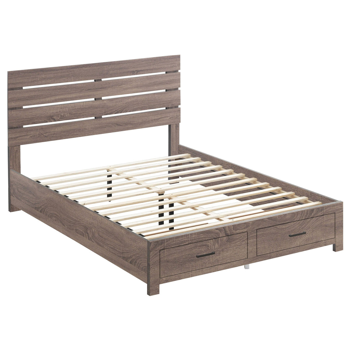 Geary panel bed in brown wood grain with slatted headboard and footboard drawers HouseOfZazla on Tampa Home & Garden Store