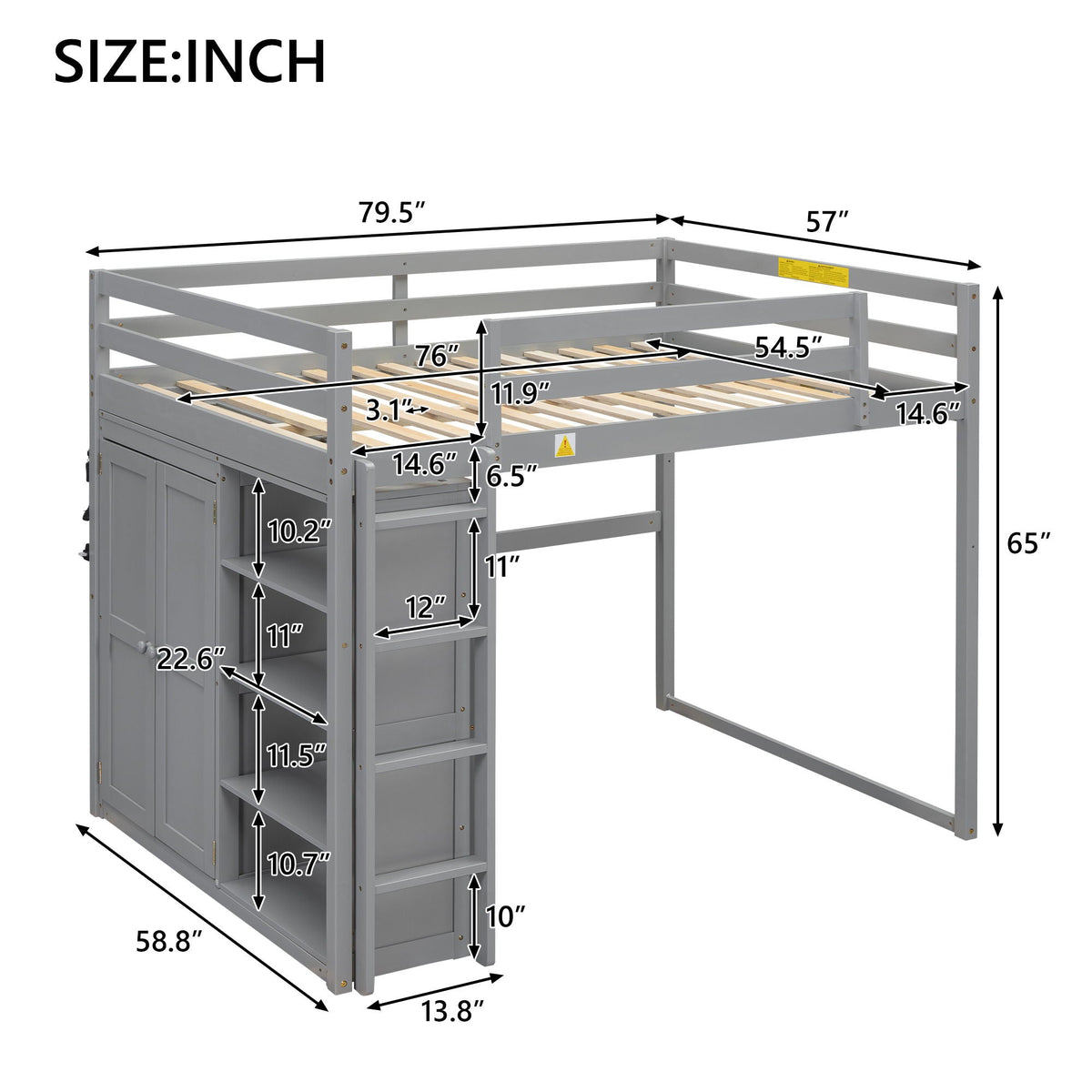 Gray loft bed with built-in wardrobe, storage shelves, and LED light by HouseOfZazla on Tampa Home & Garden Store