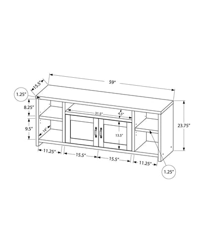 TV stand console blueprint with open side shelves and central two-door cabinet, 59in length on Tampa Home & Garden Store