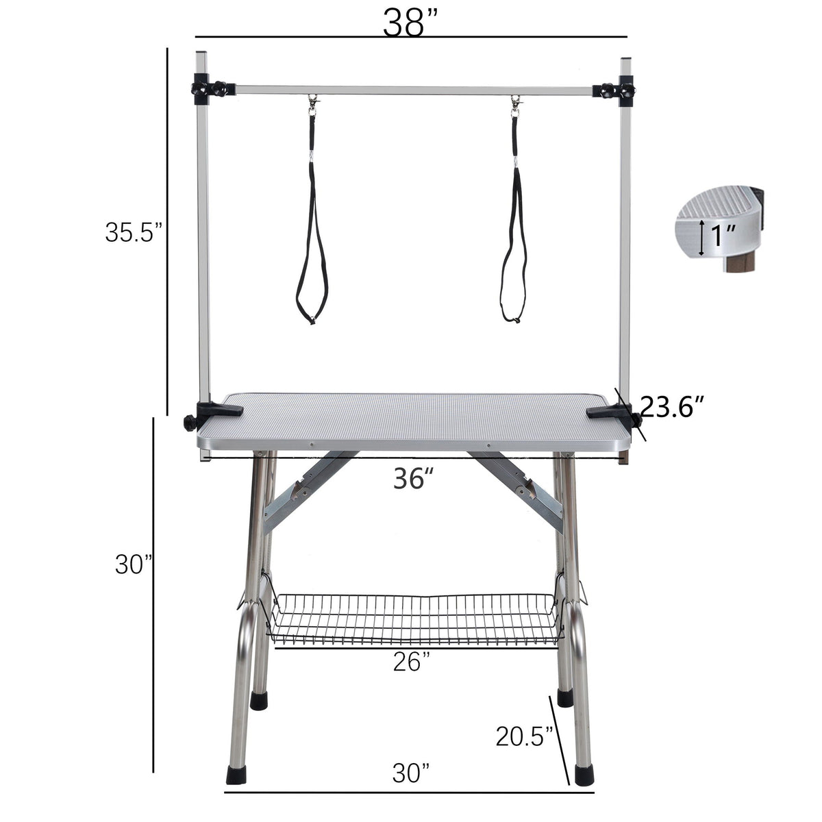 Folding dog grooming table with stainless steel frame, rubber mat and adjustable arm clamps on Tampa Home & Garden Store