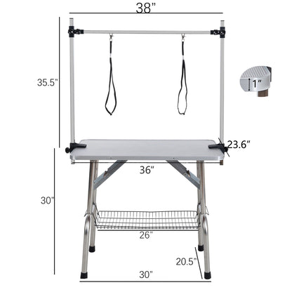 Folding dog grooming table with stainless steel frame, rubber mat and adjustable arm clamps on Tampa Home & Garden Store