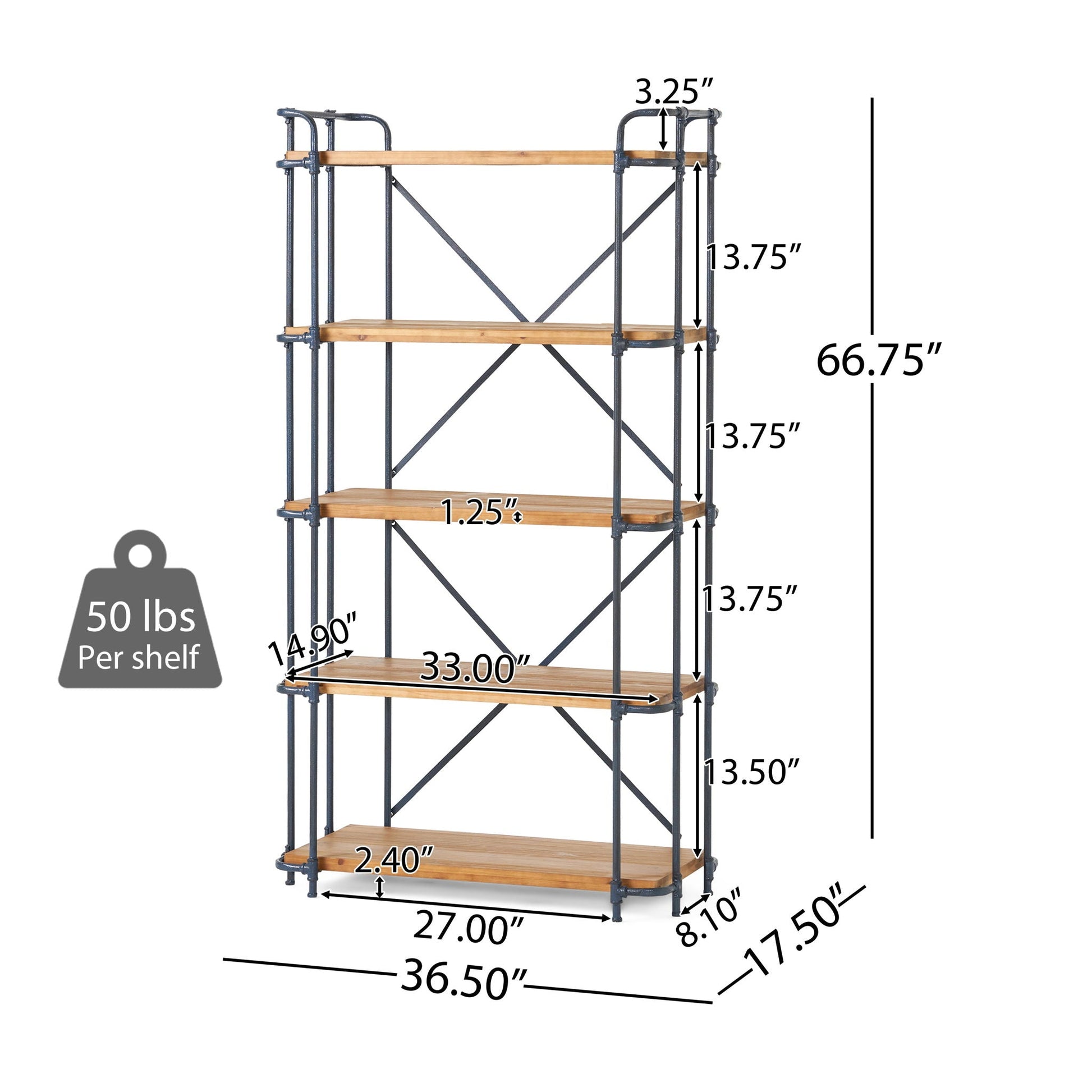 Yorktown Industrial 5 Shelf Bookcase with metal pipework and solid fir Natural finish by HouseOfZazla on Tampa Home & Garden Store