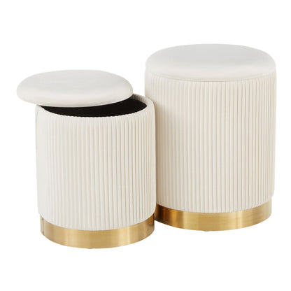 Contemporary nesting pleated ottomans in ivory upholstery with gold bases, 2 pcs HouseOfZazla on Tampa Home & Garden Store
