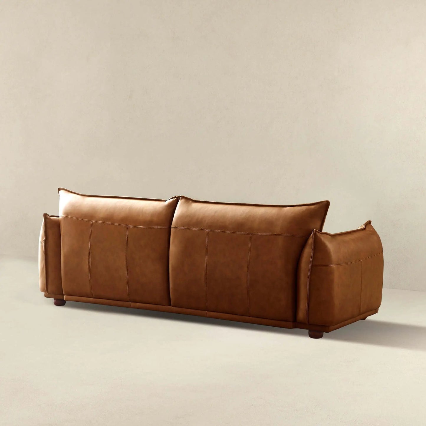 Emma mid-century modern luxury brown leather sofa stationary with stitched panels and back on Tampa Home & Garden Store