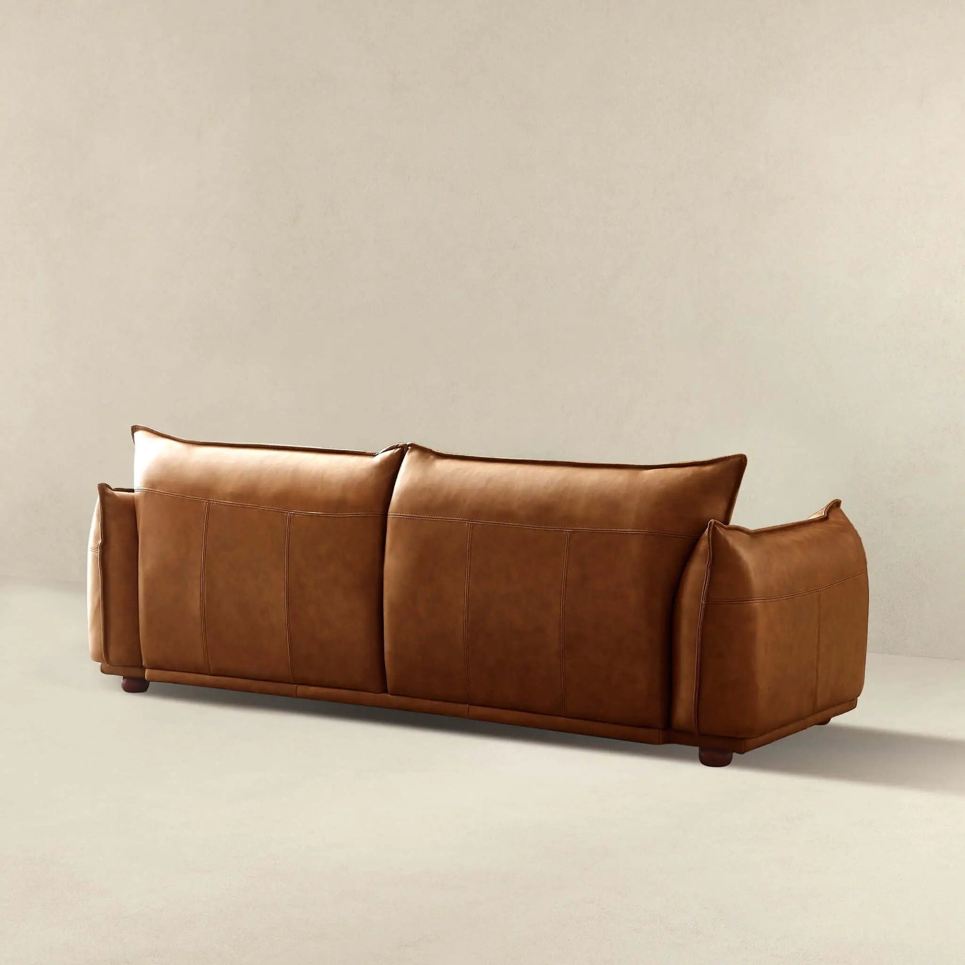 Emma mid-century modern luxury brown leather sofa stationary with stitched panels and back on Tampa Home & Garden Store