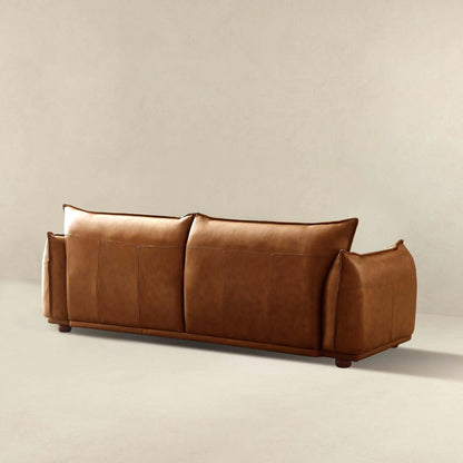 Emma mid-century modern luxury brown leather sofa stationary with stitched panels and back on Tampa Home & Garden Store