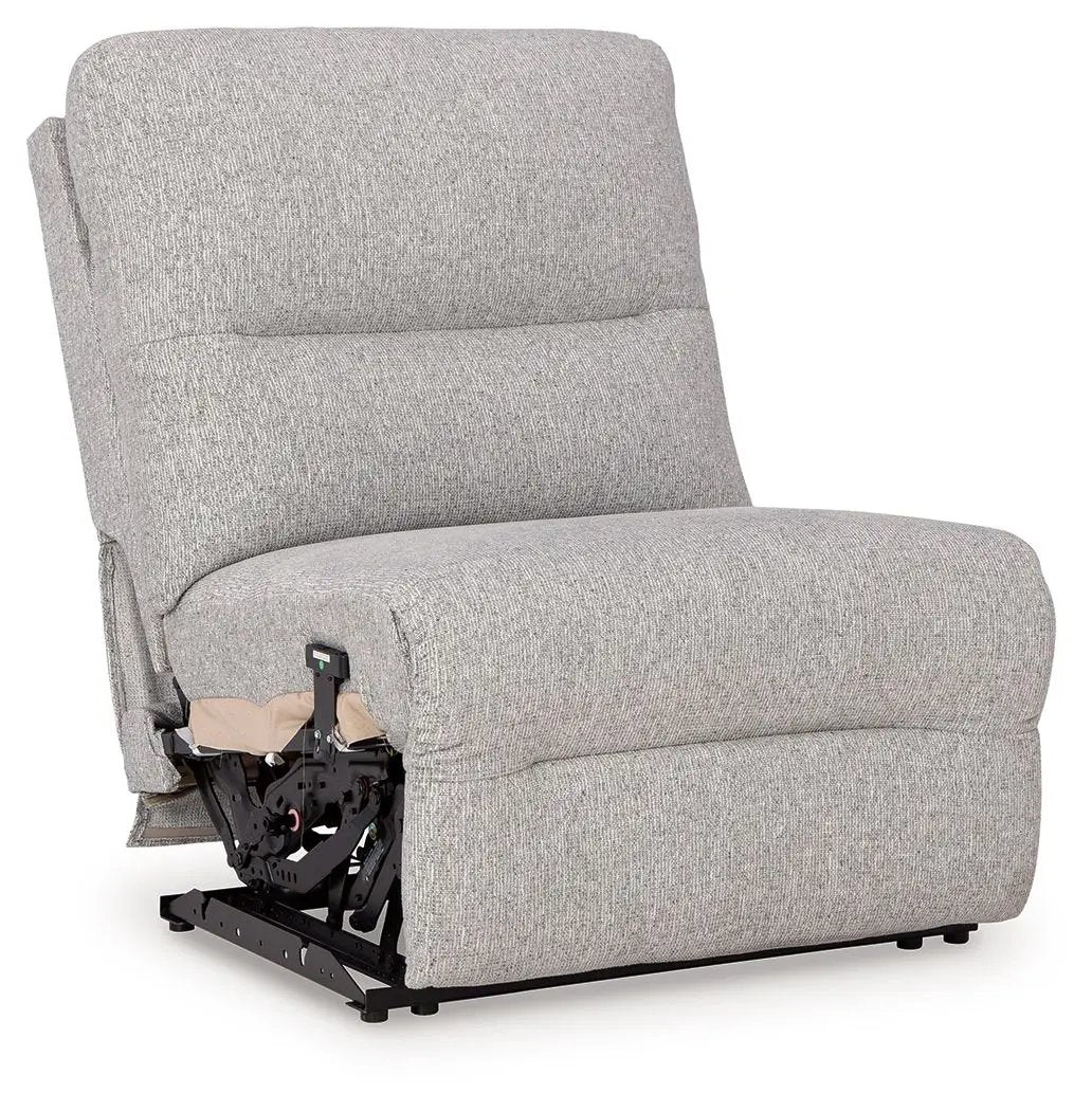 Acklen Place reclining by Unique Piece Furniture in light gray fabric with exposed recline on Tampa Home & Garden Store